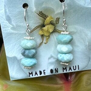 Handmade Rare Larimar Earrings AA Faceted Blue Rondelle Sterling Silver Drops
